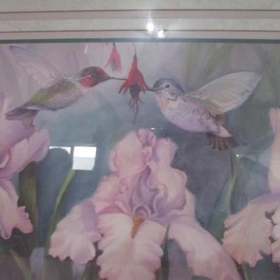 Framed pictures hummingbirds, irises & fuschias