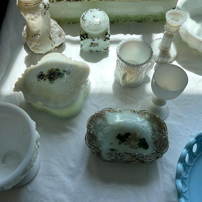 L843 Large Lot Victorian Blue and White Milk Glass