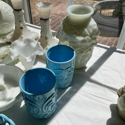 L843 Large Lot Victorian Blue and White Milk Glass