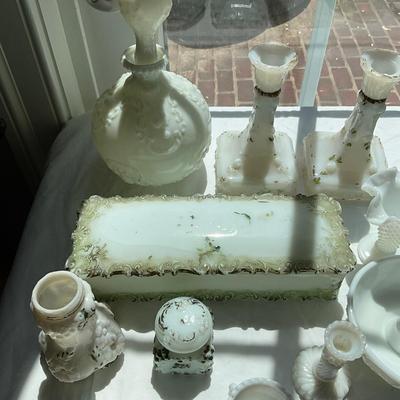 L843 Large Lot Victorian Blue and White Milk Glass