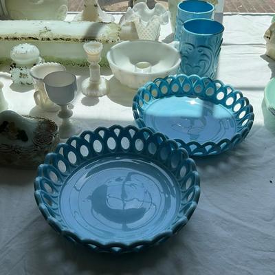 L843 Large Lot Victorian Blue and White Milk Glass