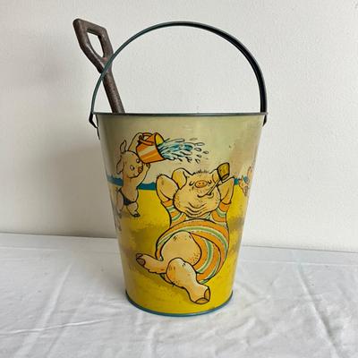 D860 Antique T. Cohns "How To Be A Practical Pig" Sand Pail With Shovel