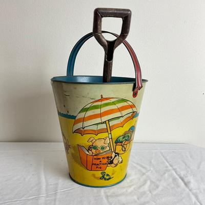 D860 Antique T. Cohns "How To Be A Practical Pig" Sand Pail With Shovel