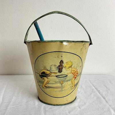 D861 Antique Metal Package Corp Sand Pail With Shovel
