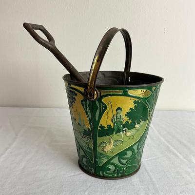 L868 Antique French Lithograph of Birds and Children Green & Gold Sand Pail