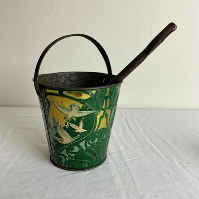 L868 Antique French Lithograph of Birds and Children Green & Gold Sand Pail