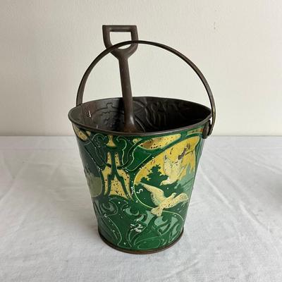 L868 Antique French Lithograph of Birds and Children Green & Gold Sand Pail