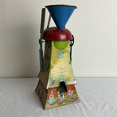 D873 Antique Tin Dutch Mill Mechanical Sand toy