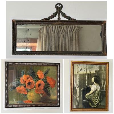Antique Mirror, 2 Vintage Framed Prints