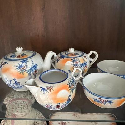 Lot of 2 Japanese Porcelain Tea Sets + Cat Ceramic Tea Pot