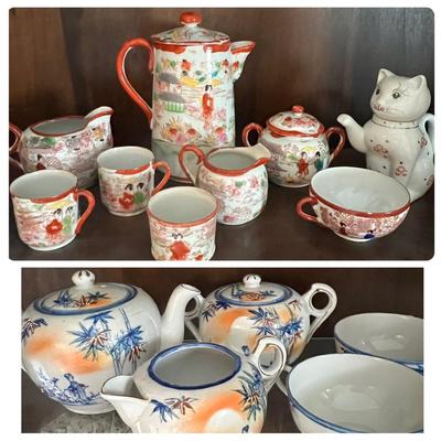 Lot of 2 Japanese Porcelain Tea Sets + Cat Ceramic Tea Pot