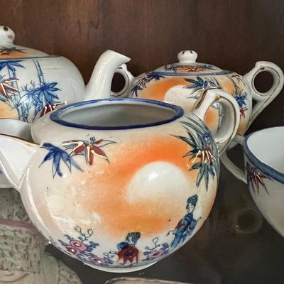 Lot of 2 Japanese Porcelain Tea Sets + Cat Ceramic Tea Pot