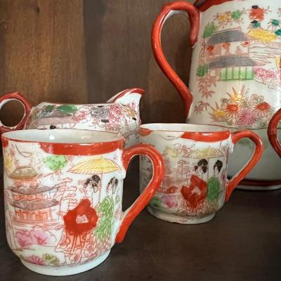 Lot of 2 Japanese Porcelain Tea Sets + Cat Ceramic Tea Pot