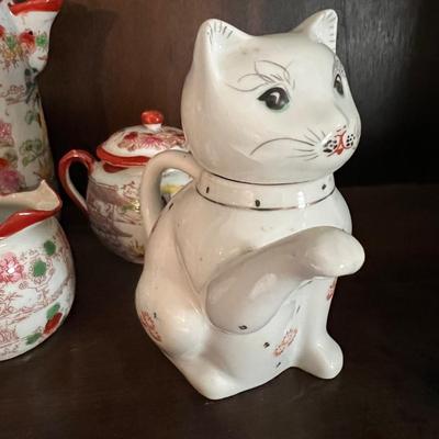 Lot of 2 Japanese Porcelain Tea Sets + Cat Ceramic Tea Pot