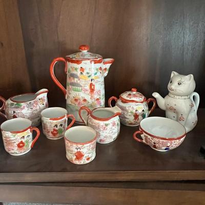Lot of 2 Japanese Porcelain Tea Sets + Cat Ceramic Tea Pot