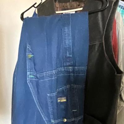 Wangler Jeans 46x30, OshKosh Bibs 48x32, Duluth Trading T-shirts 2X, Leather Vest 2X