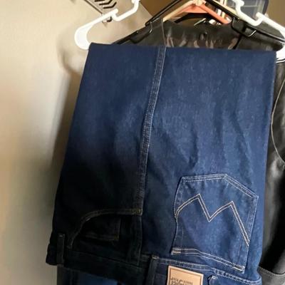 Wangler Jeans 46x30, OshKosh Bibs 48x32, Duluth Trading T-shirts 2X, Leather Vest 2X