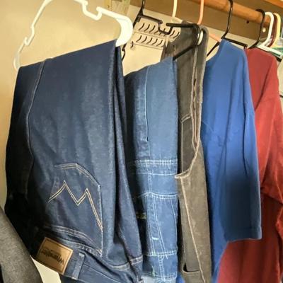 Wangler Jeans 46x30, OshKosh Bibs 48x32, Duluth Trading T-shirts 2X, Leather Vest 2X