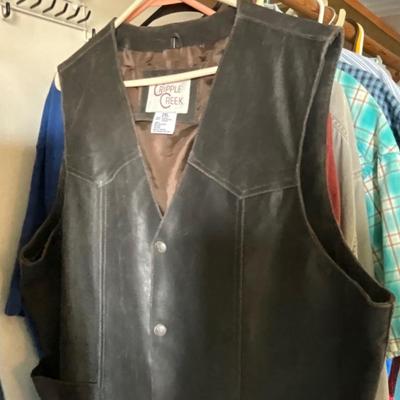 Wangler Jeans 46x30, OshKosh Bibs 48x32, Duluth Trading T-shirts 2X, Leather Vest 2X