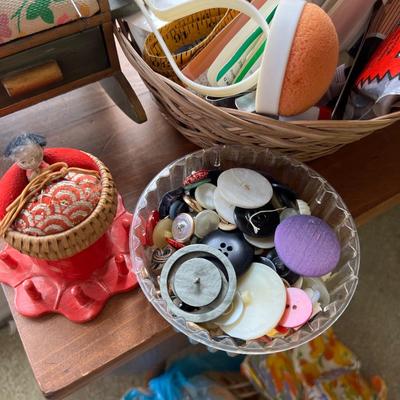 Vintage Wood Dough Box w Sewing Notions, Yarn, Embroidery Thread, etc.