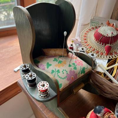 Vintage Wood Dough Box w Sewing Notions, Yarn, Embroidery Thread, etc.