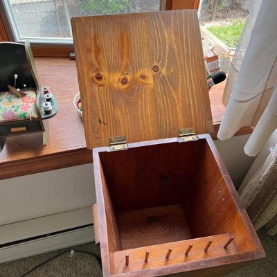 Vintage Wood Dough Box w Sewing Notions, Yarn, Embroidery Thread, etc.