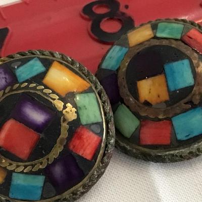 Mosaic art in brass Earrings Domed Vintage