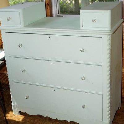 ANTIQUE MINT GREEN THREE DRAWER BUREAU WITH HANKIE BOXES
