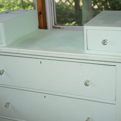 ANTIQUE MINT GREEN THREE DRAWER BUREAU WITH HANKIE BOXES