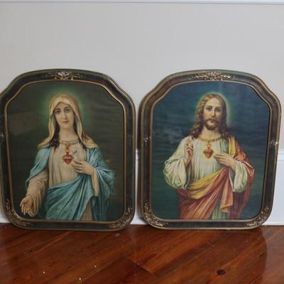 Vintage Framed Prints Sacred Heart of Jesus and Mary Ornate, 1953