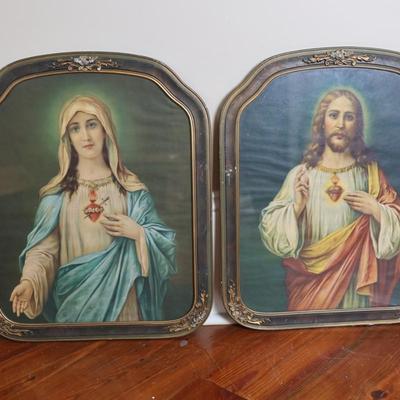 Vintage Framed Prints Sacred Heart of Jesus and Mary Ornate, 1953