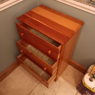 PETITE 3 DRAWER CHEST AND A PLASTIC SLIDING DOOR CABINET