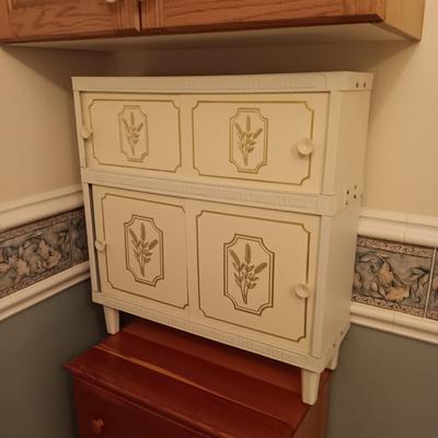 PETITE 3 DRAWER CHEST AND A PLASTIC SLIDING DOOR CABINET