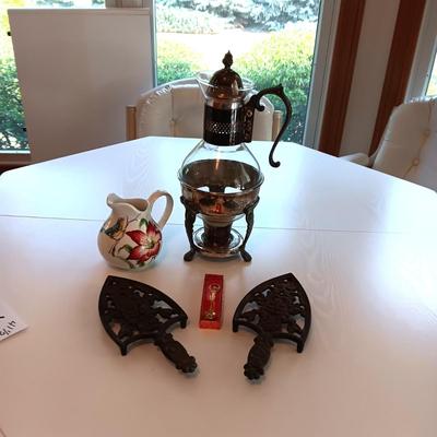 FANCY CARAFE, SMALL PITCHER, 2 CAST IRON TRIVETS