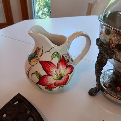 FANCY CARAFE, SMALL PITCHER, 2 CAST IRON TRIVETS