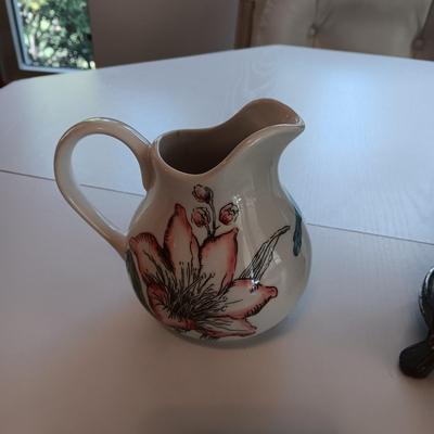 FANCY CARAFE, SMALL PITCHER, 2 CAST IRON TRIVETS