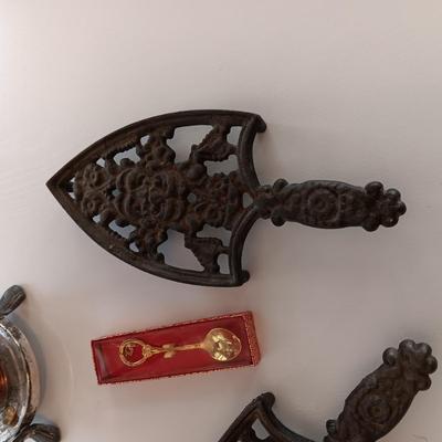 FANCY CARAFE, SMALL PITCHER, 2 CAST IRON TRIVETS