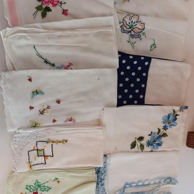 A WIDE VARIETY OF HANKIES AND A SMALL WOODEN SEWING BOX