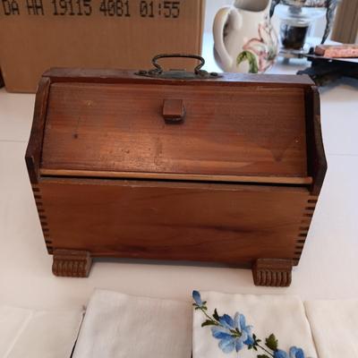 A WIDE VARIETY OF HANKIES AND A SMALL WOODEN SEWING BOX