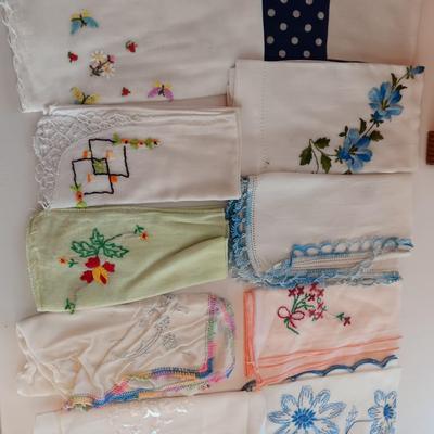 A WIDE VARIETY OF HANKIES AND A SMALL WOODEN SEWING BOX