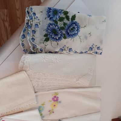 A WIDE VARIETY OF HANKIES AND A SMALL WOODEN SEWING BOX