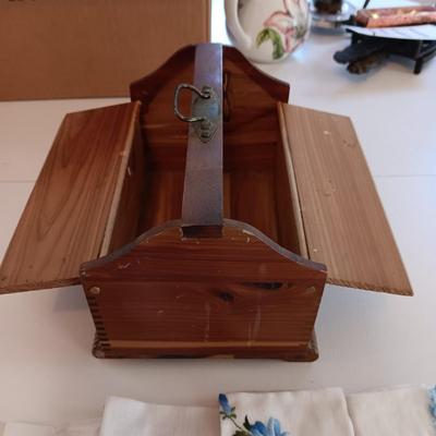 A WIDE VARIETY OF HANKIES AND A SMALL WOODEN SEWING BOX