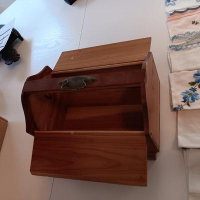 A WIDE VARIETY OF HANKIES AND A SMALL WOODEN SEWING BOX