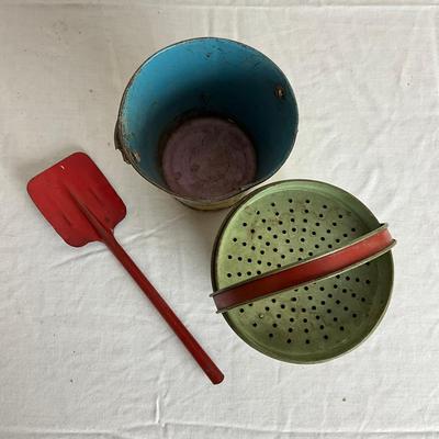 D884 J. Chein Two Sand Pails With Shovel & Strainer