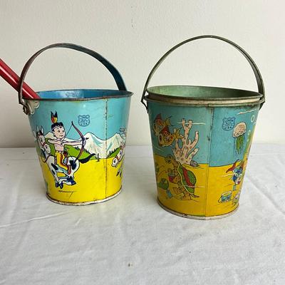 D884 J. Chein Two Sand Pails With Shovel & Strainer