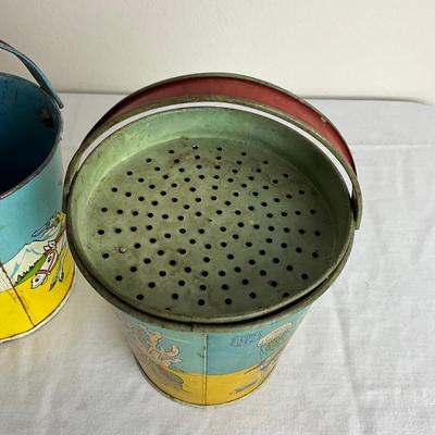 D884 J. Chein Two Sand Pails With Shovel & Strainer