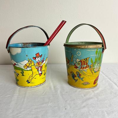 D884 J. Chein Two Sand Pails With Shovel & Strainer