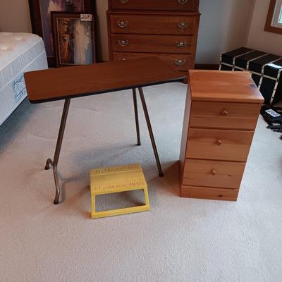 SMALL PINE 3 DRAWER CHEST, FOLDING TABLE AND A STEP STOOL