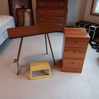SMALL PINE 3 DRAWER CHEST, FOLDING TABLE AND A STEP STOOL