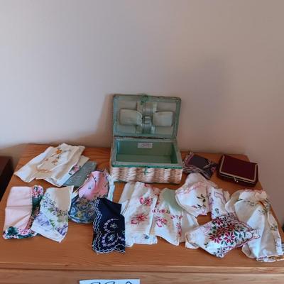 SMALLER SEWING BOX FILLED WITH HANKIES AND A VINTAGE COIN PURSE
